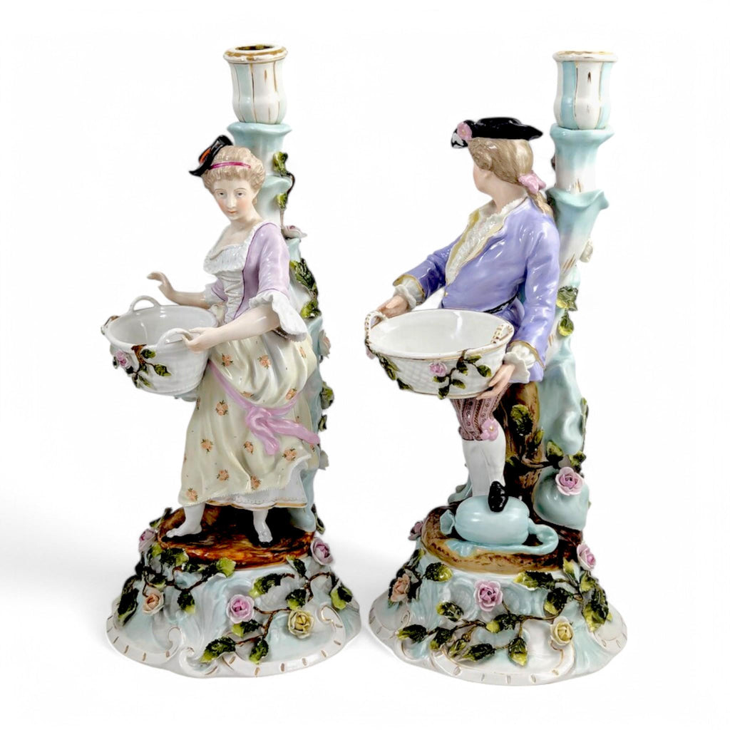 Antique Sitzendorf Porcelain Figural Candlesticks: Rococo Gardeners, c. 1890