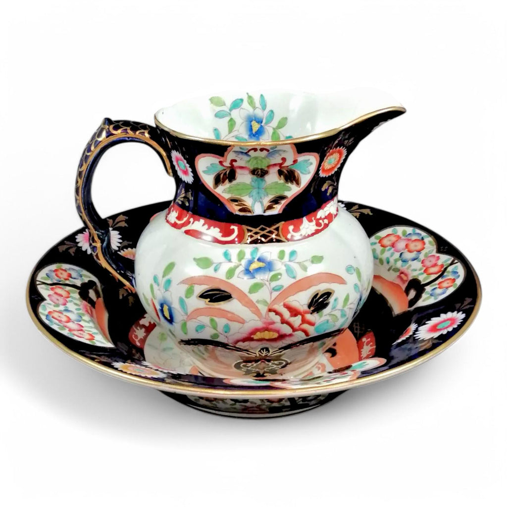Antique Mason's Ironstone Pitcher and Basin Set: Floral Transferware, c. 1815
