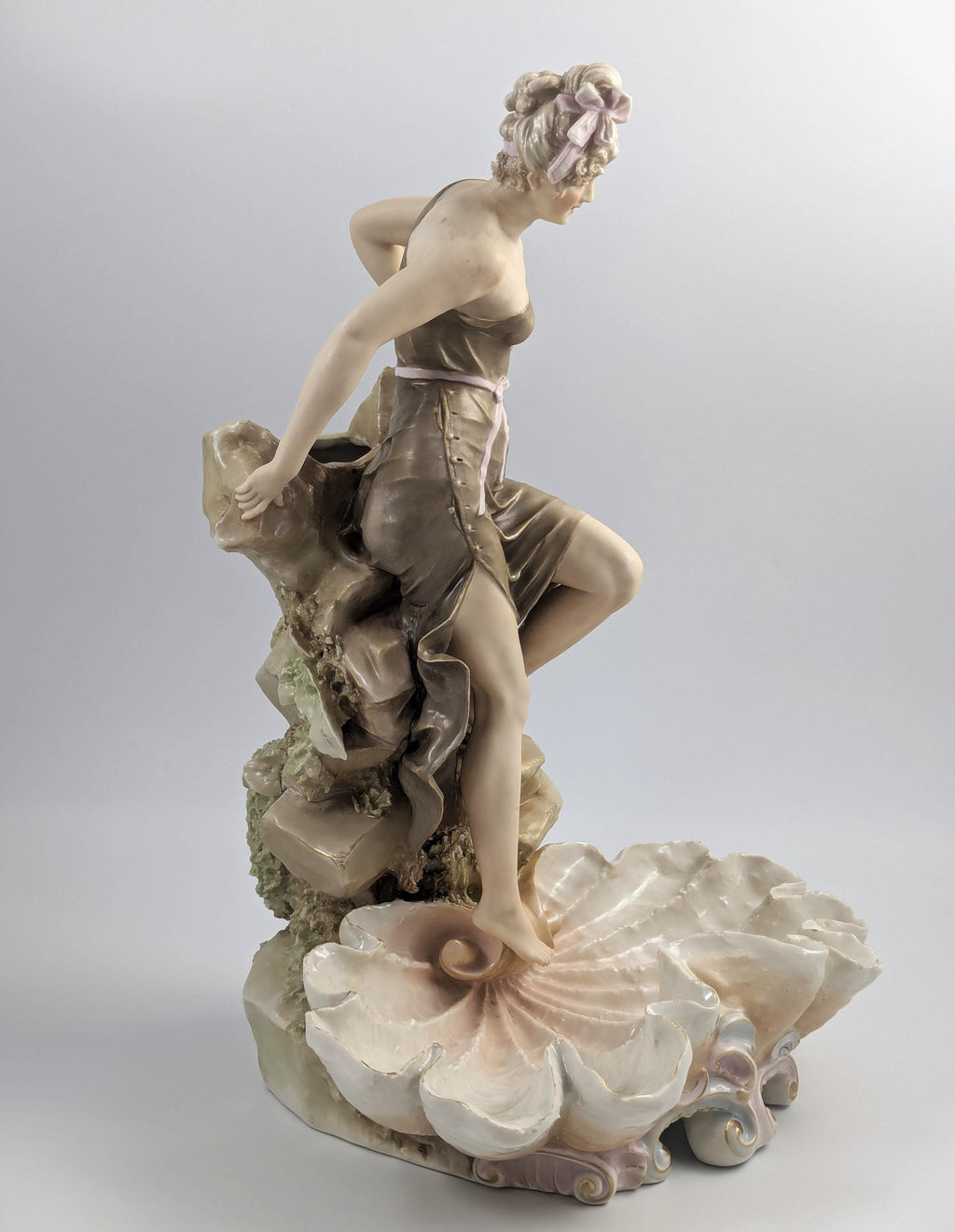 Royal Dux Art Nouveau Porcelain Figurine: Female Bather Clam Shell Centerpiece