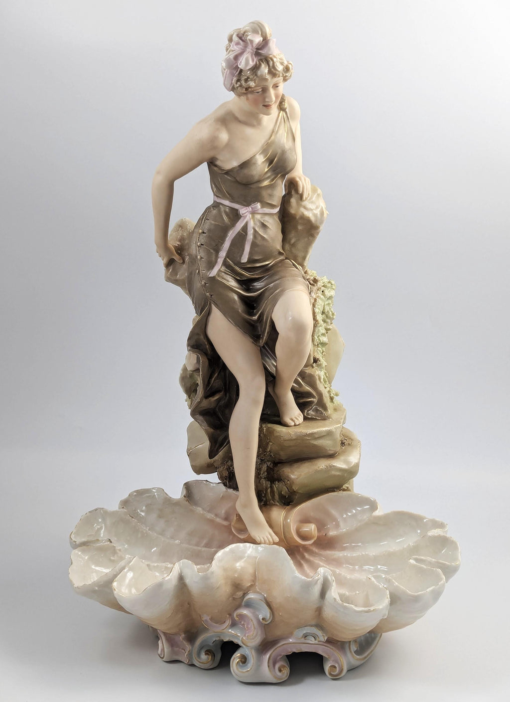 Royal Dux Art Nouveau Porcelain Figurine: Female Bather Clam Shell Centerpiece