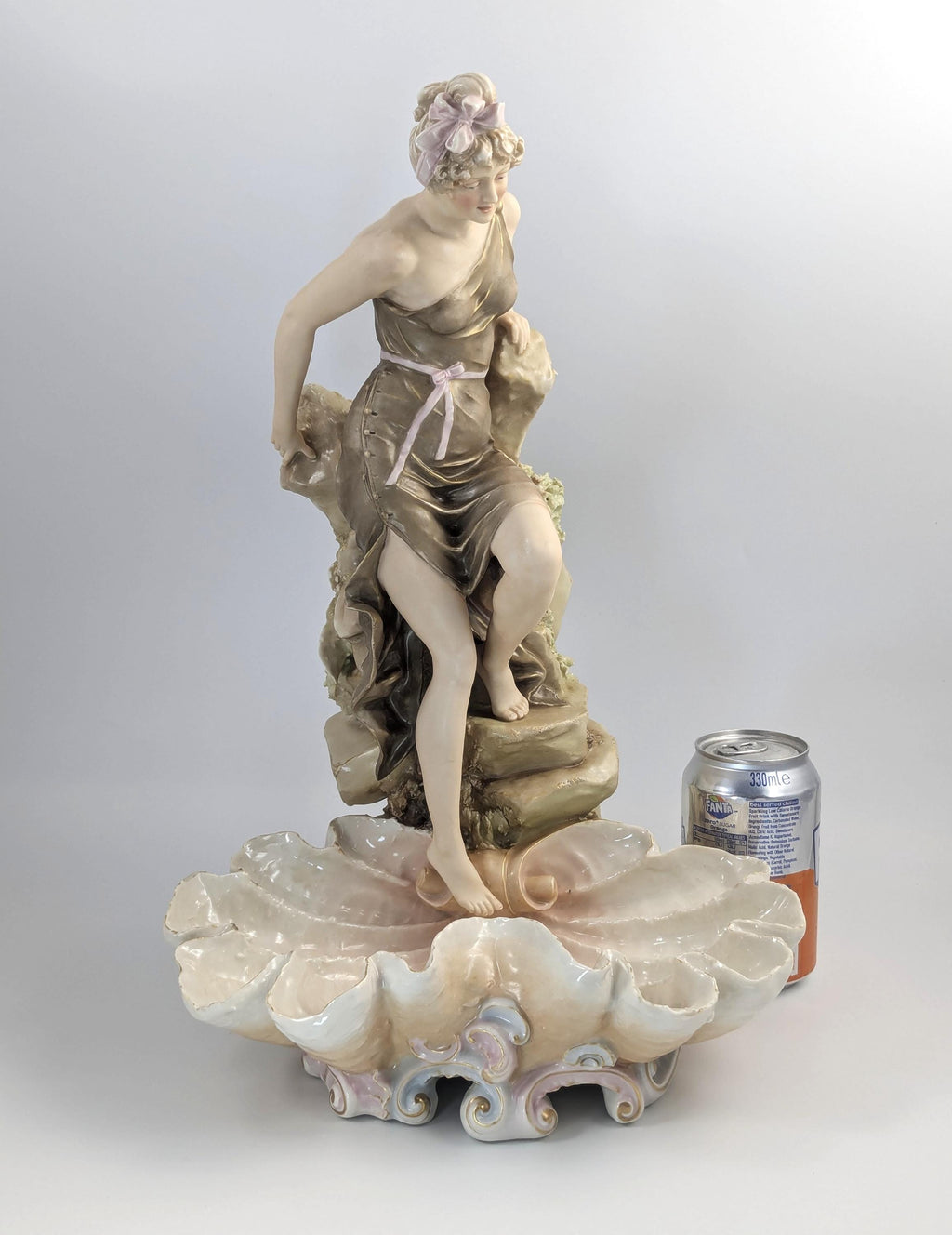 Royal Dux Art Nouveau Porcelain Figurine: Female Bather Clam Shell Centerpiece