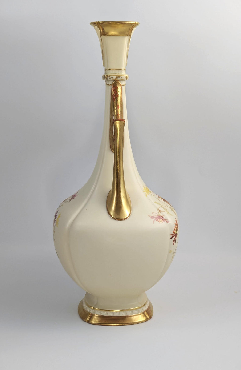 Rare Royal Worcester Vase: Hand-Painted Chrysanthemums, Pierced Gilt Handles, 1890