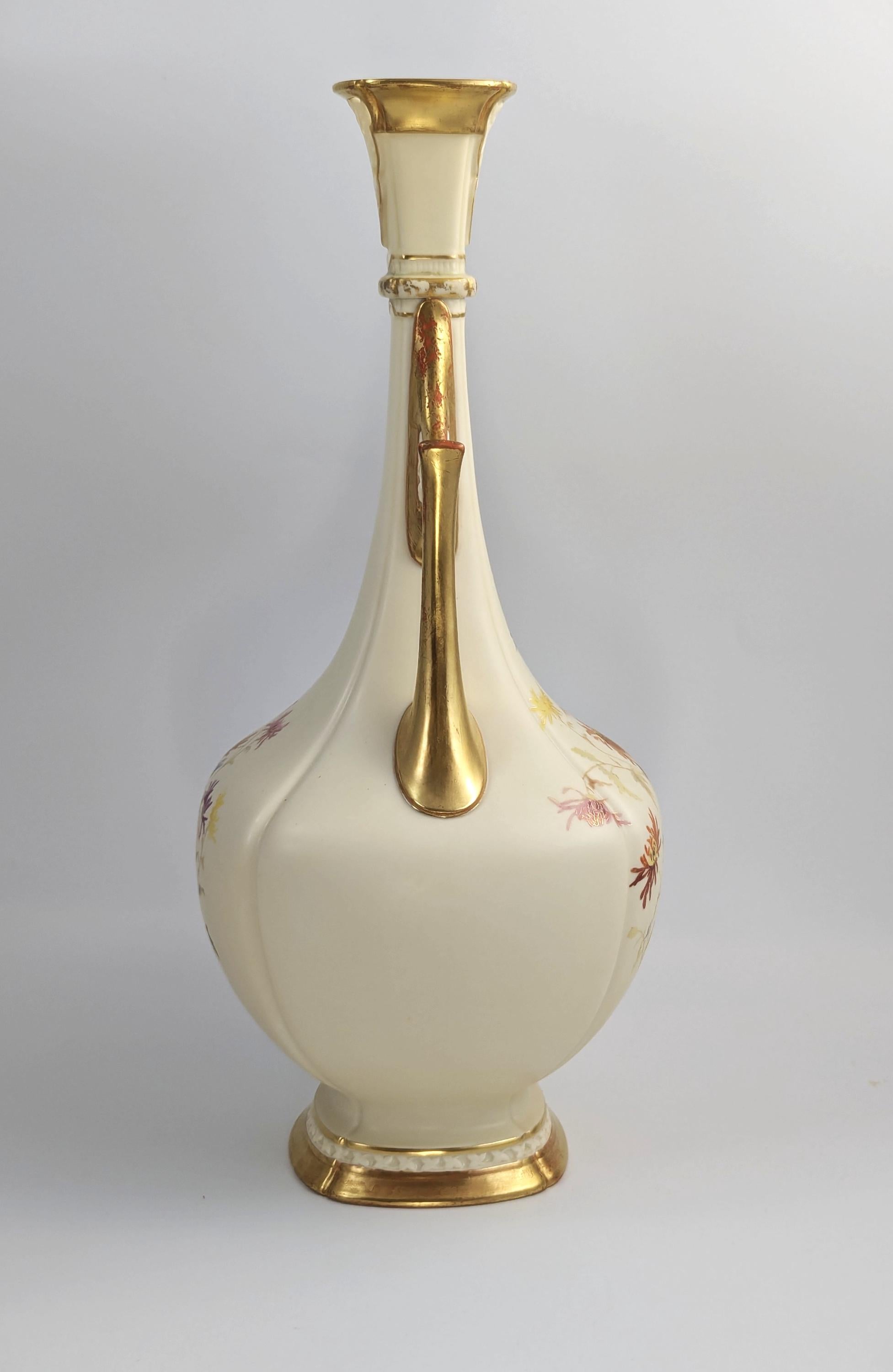 Rare Royal Worcester Vase: Hand-Painted Chrysanthemums, Pierced Gilt Handles, 1890
