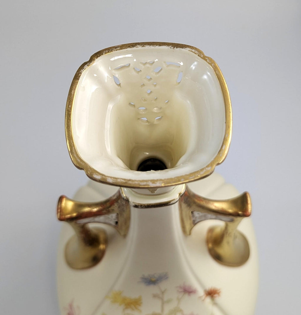 Rare Royal Worcester Vase: Hand-Painted Chrysanthemums, Pierced Gilt Handles, 1890