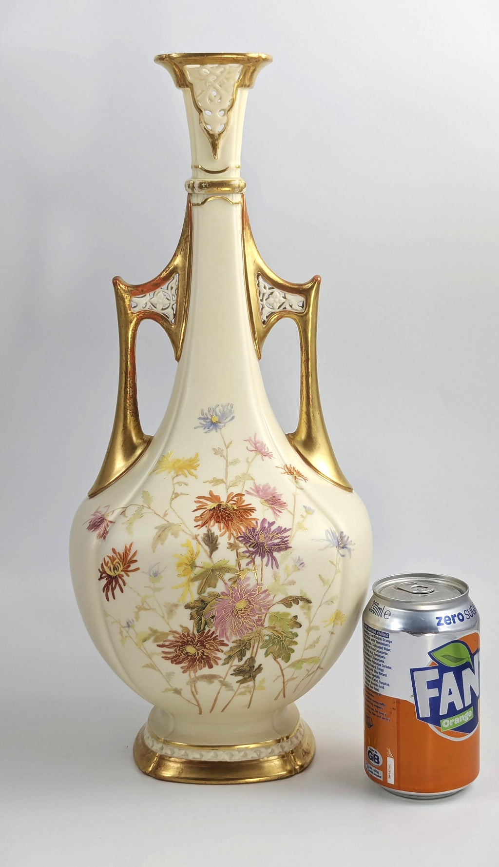 Rare Royal Worcester Vase: Hand-Painted Chrysanthemums, Pierced Gilt Handles, 1890