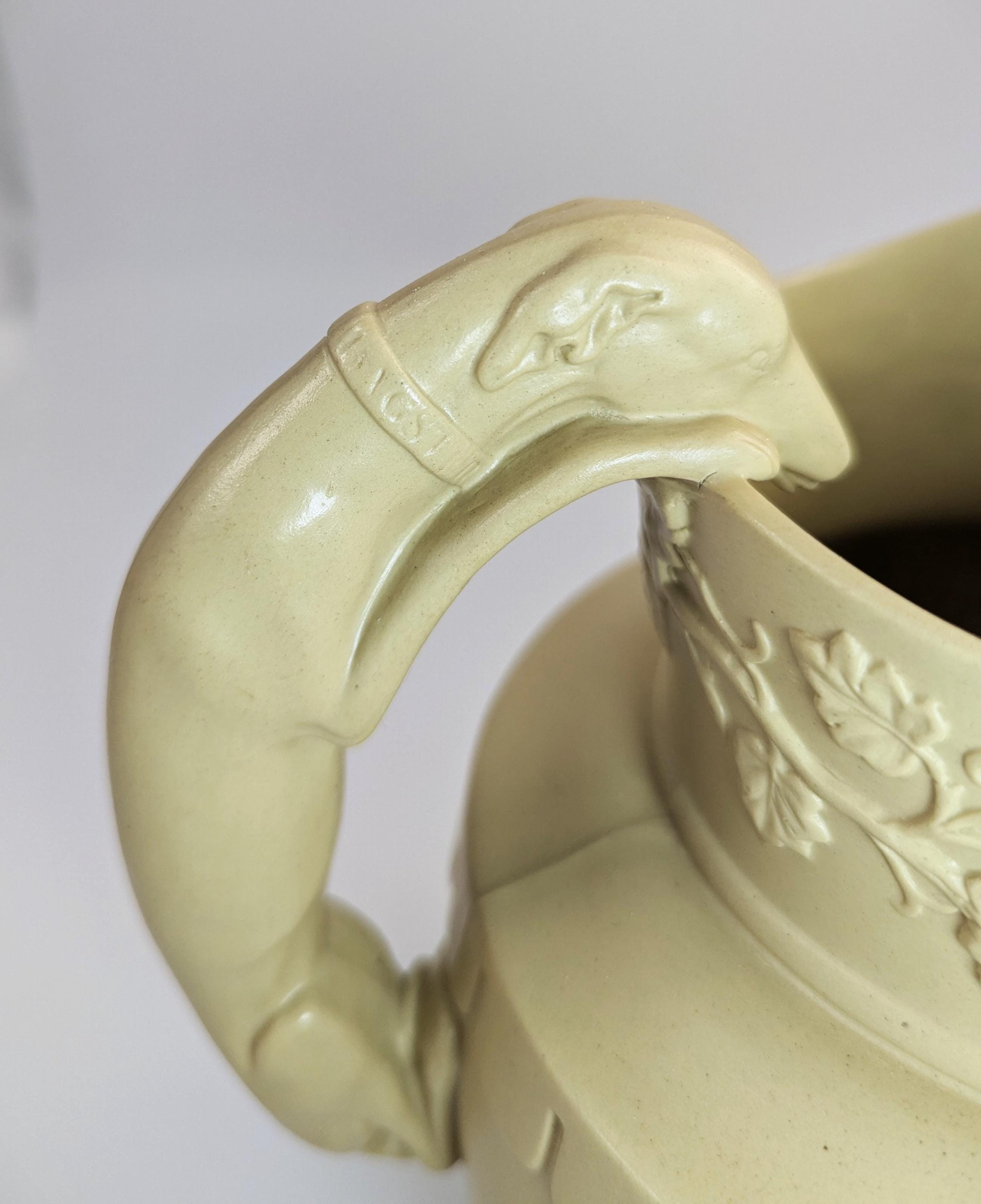 Antique Phillips & Bagster Yellowware Pitcher Set: Stag Hound Handles, c. 1820