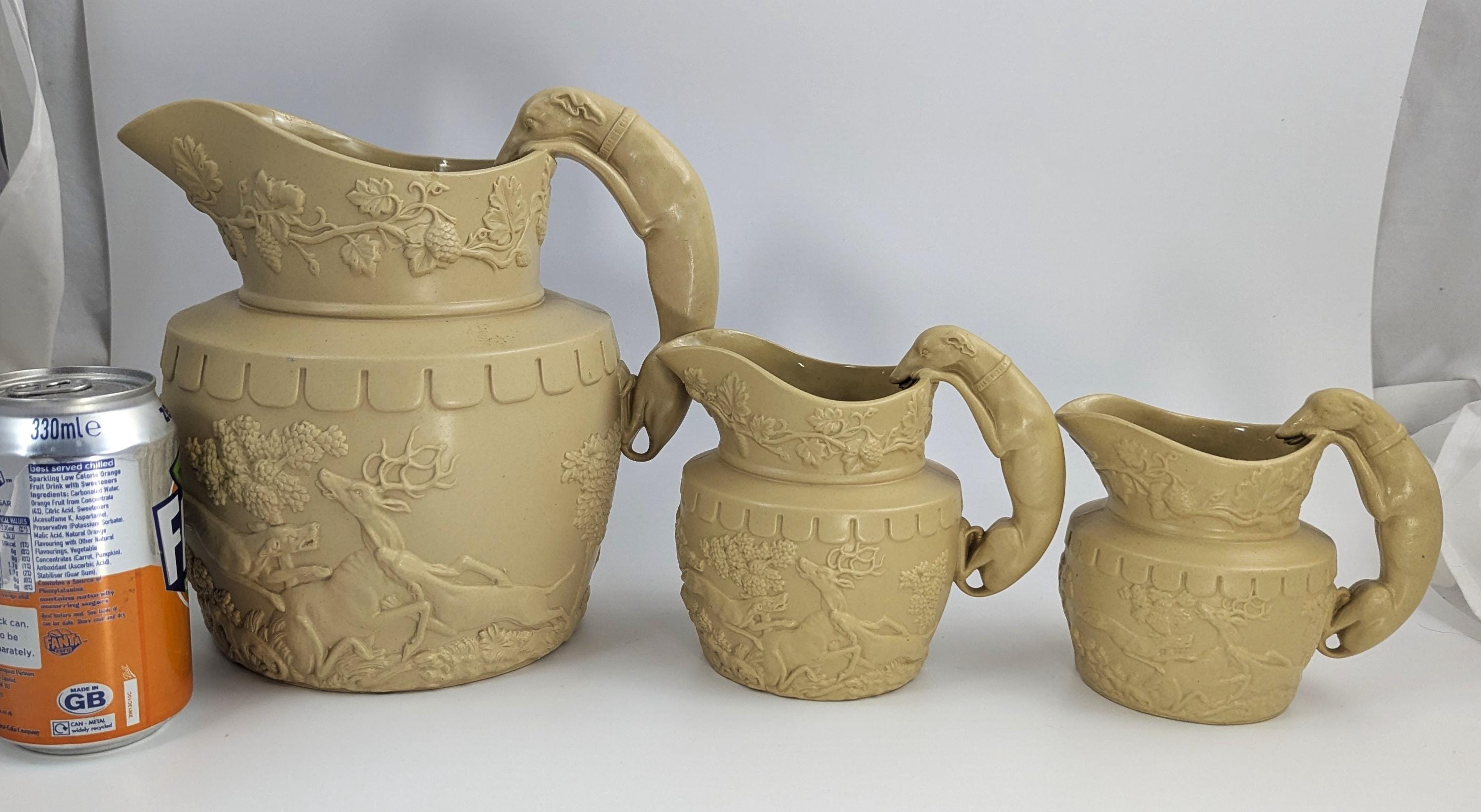 Antique Phillips & Bagster Yellowware Pitcher Set: Stag Hound Handles, c. 1820