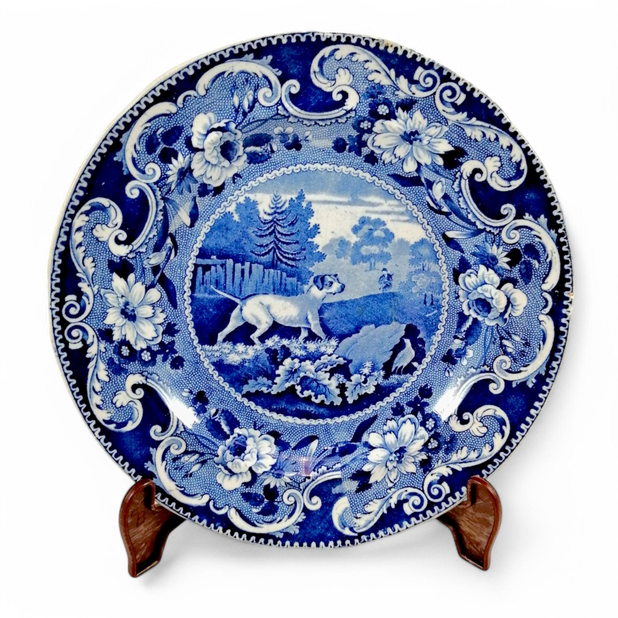 Antique Blue Transferware Plate: Enoch Wood "Hunter Dog" Sporting Scene