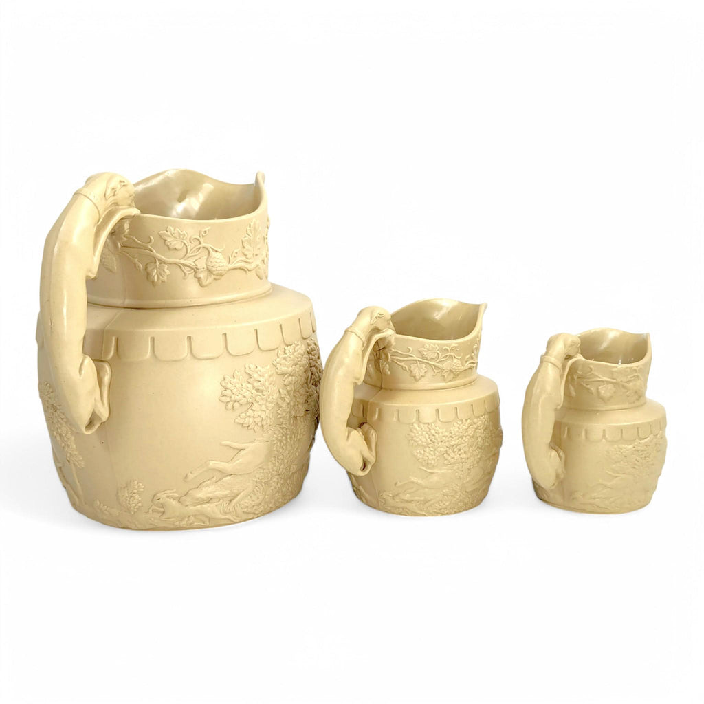 Antique Phillips & Bagster Yellowware Pitcher Set: Stag Hound Handles, c. 1820