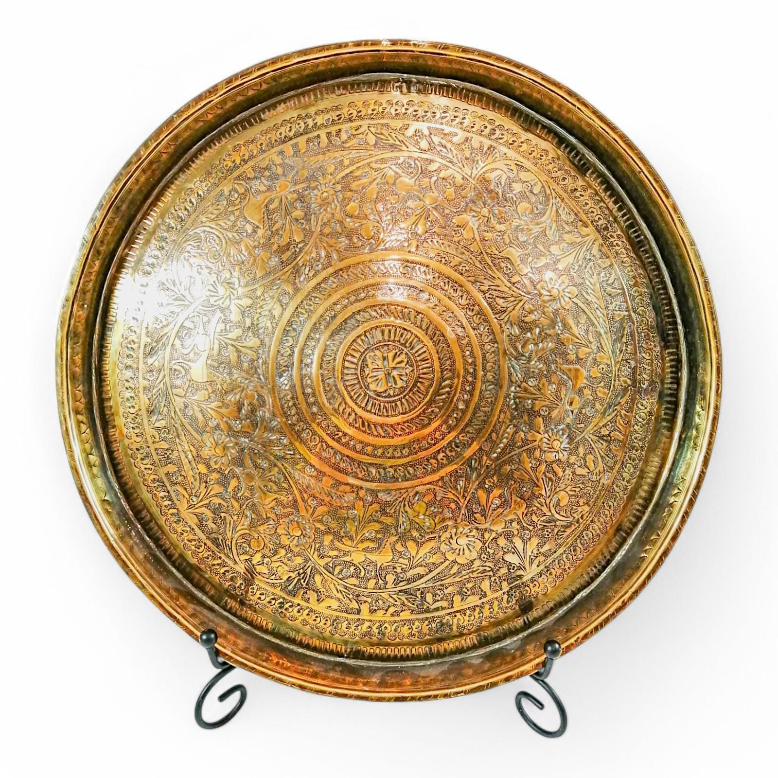 Antique Benares Brass Tray: 19th Century Indian Floral Horse Motif
