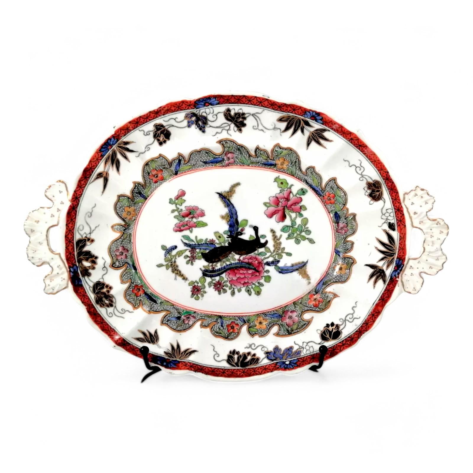 Antique Mason's Ironstone Serving Platter: Hand-Painted Chinoiserie Geese