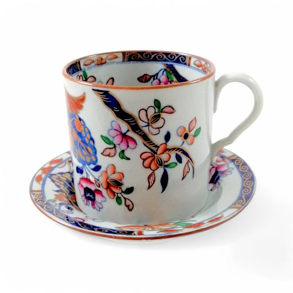 Antique Spode Stone China Coffee Cup & Saucer: Tobacco Leaf Pattern, c. 1810