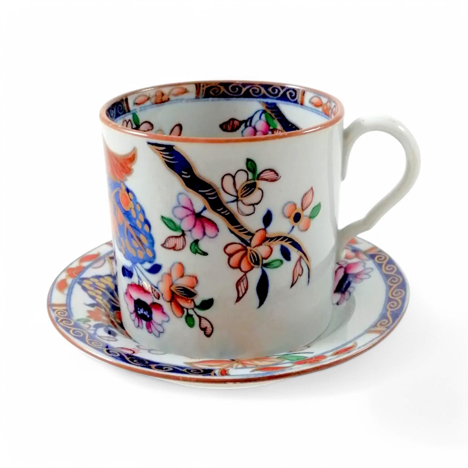 Antique Spode Stone China Coffee Cup & Saucer: Tobacco Leaf Pattern, c. 1810