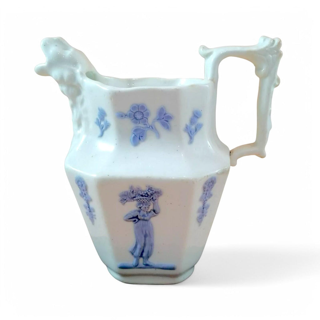 Antique Georgian Porcelain Jug: Lion Head Spout, Lavender Sprigged Figures