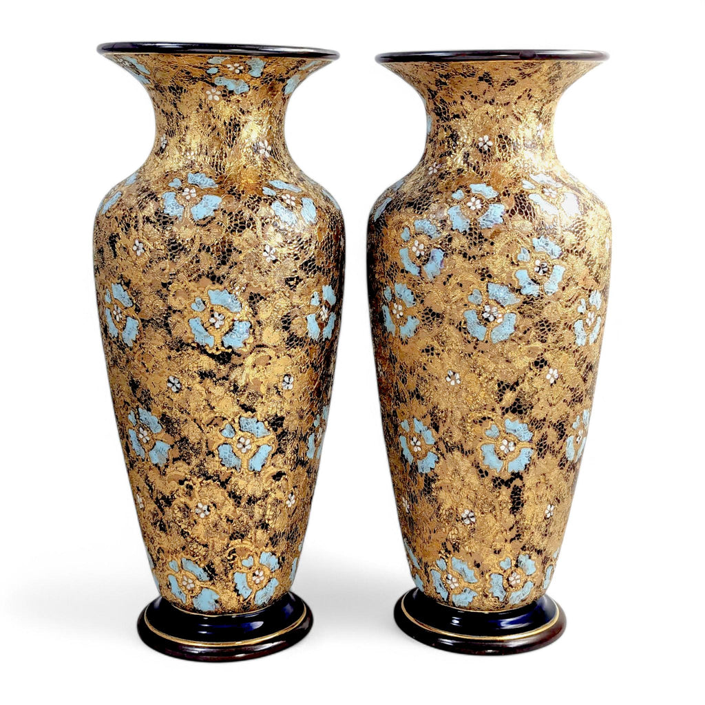 Royal Doulton Lambeth Vases: Antique Enamel Floral Stoneware Pair, 1910