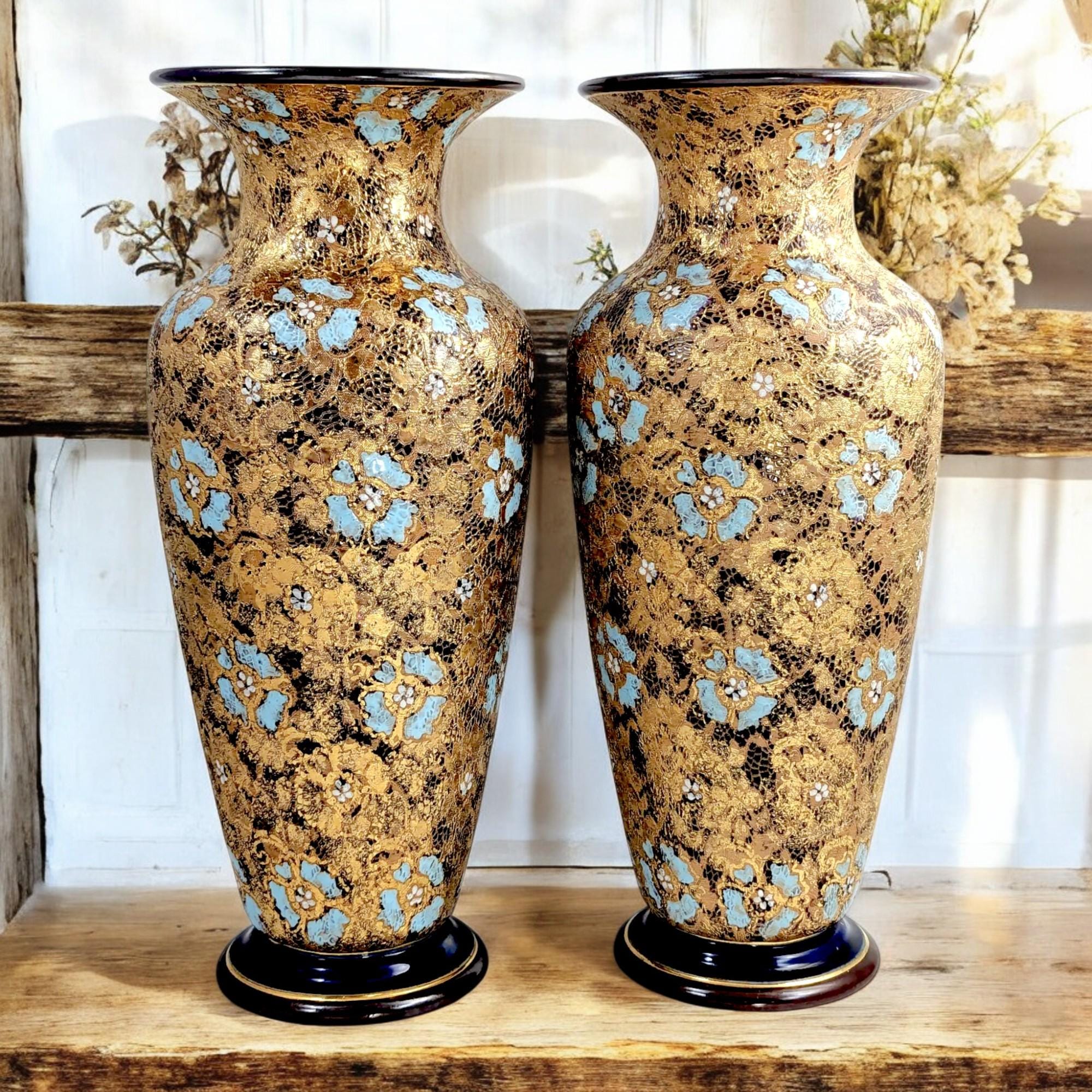 Royal Doulton Lambeth Vases: Antique Enamel Floral Stoneware Pair, 1910