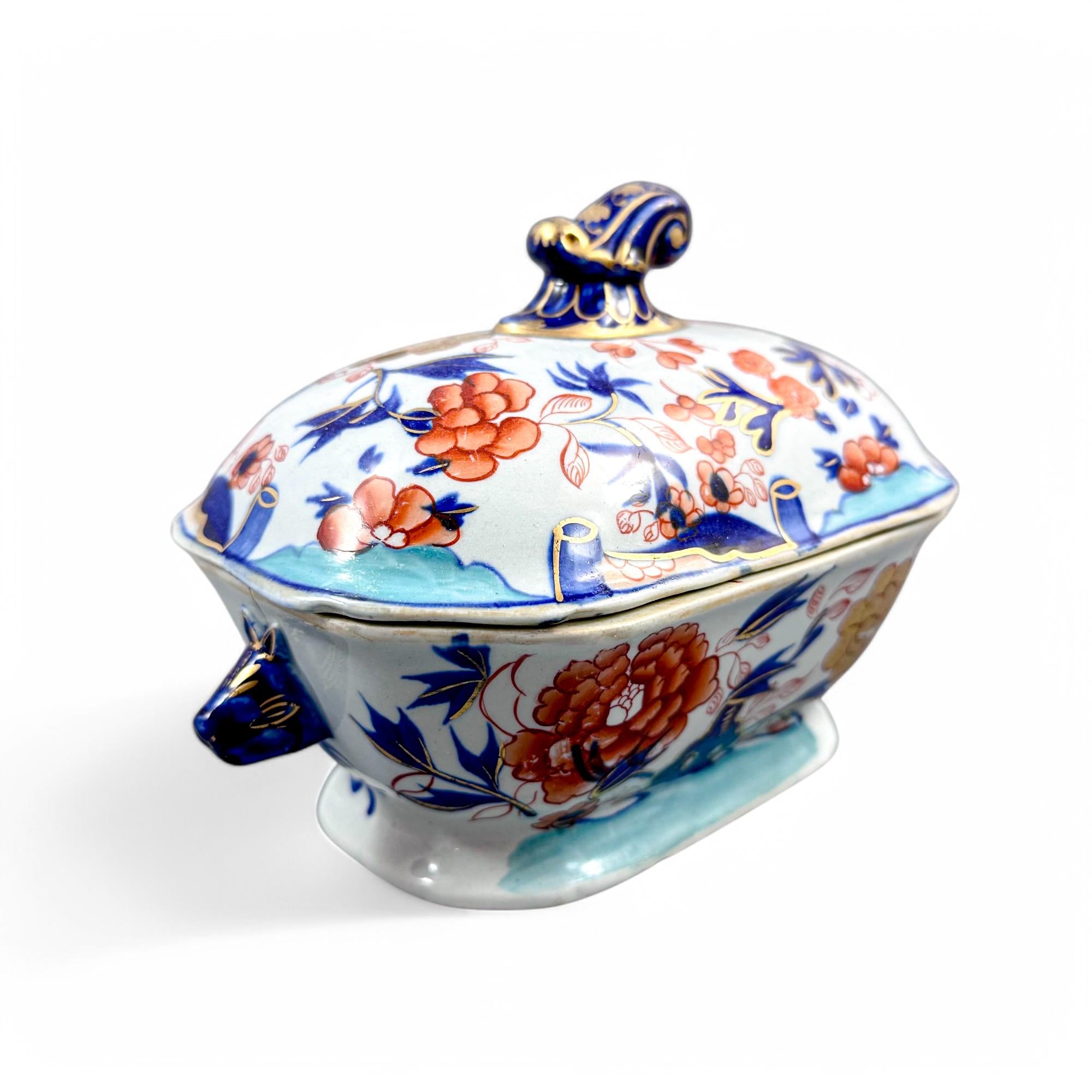 Antique Mason's Ironstone Sauce Tureen: Hand-Painted Imari Oyster Pattern, c.1815