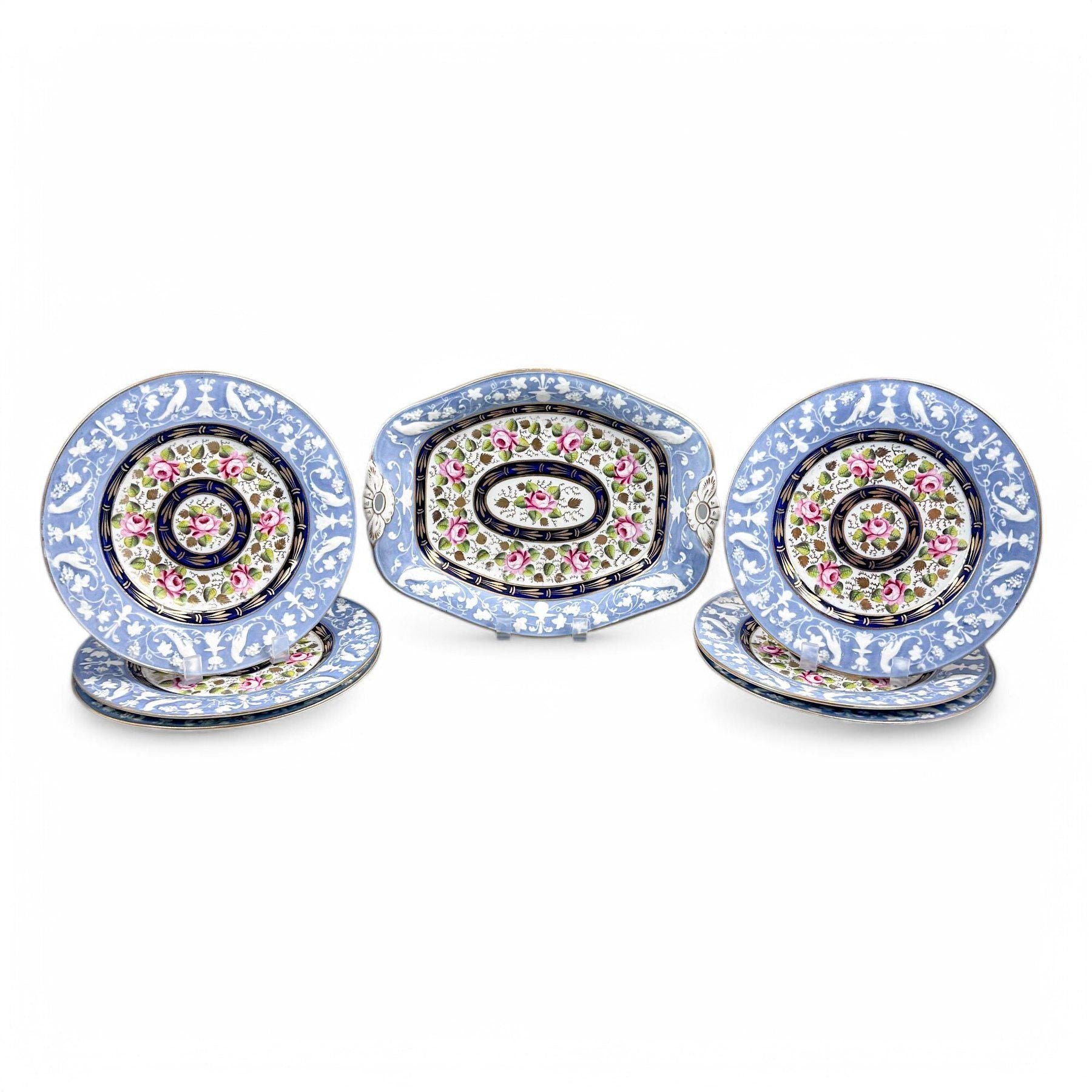 Rare New Hall Porcelain Dessert Set: Hand-Painted Roses, Resist Blue, Regency c. 1820