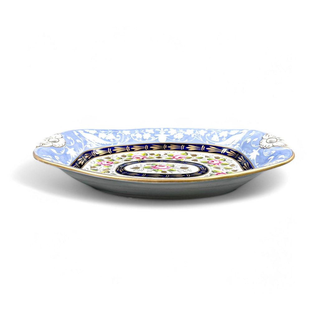 Rare New Hall Porcelain Dessert Set: Hand-Painted Roses, Resist Blue, Regency c. 1820