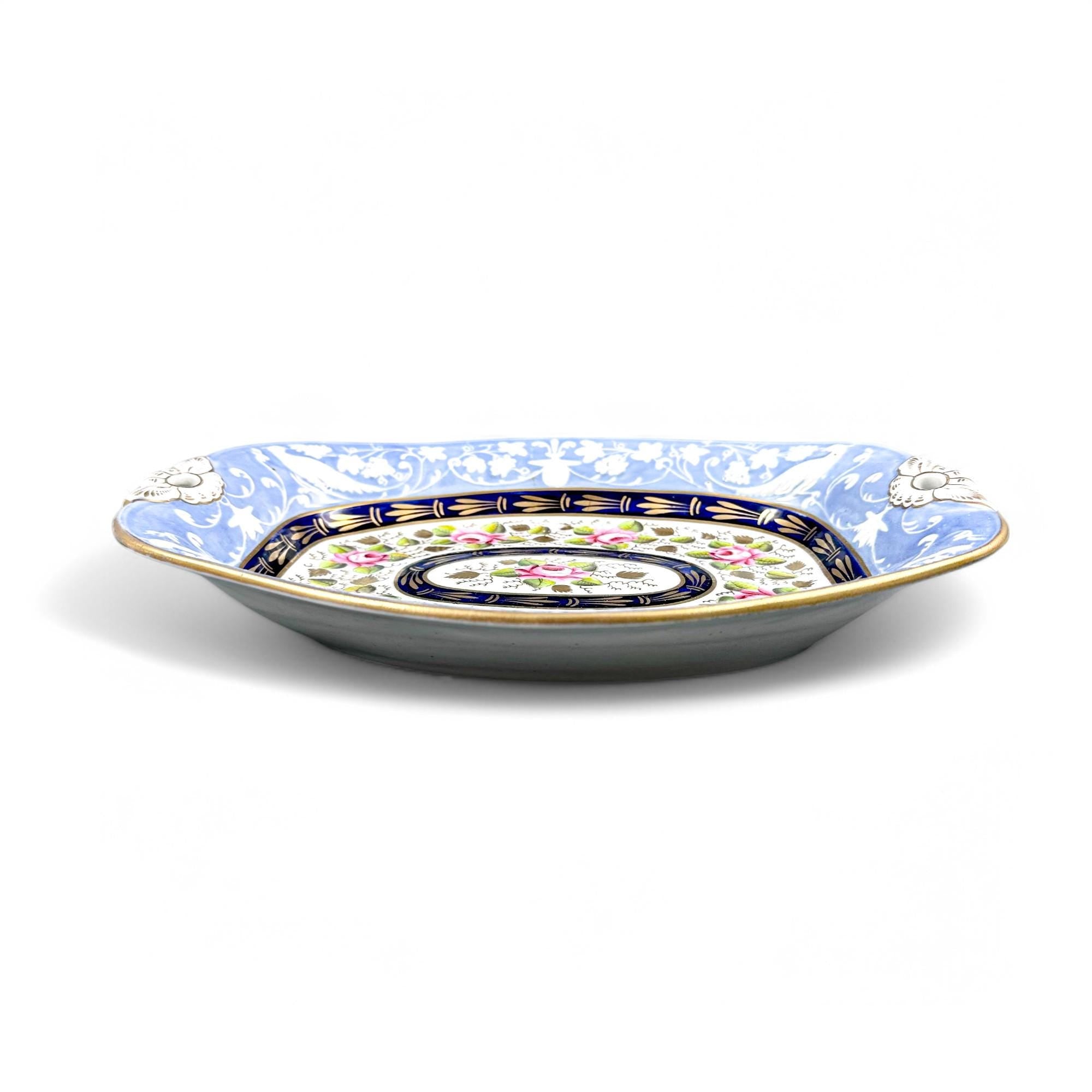 Rare New Hall Porcelain Dessert Set: Hand-Painted Roses, Resist Blue, Regency c. 1820