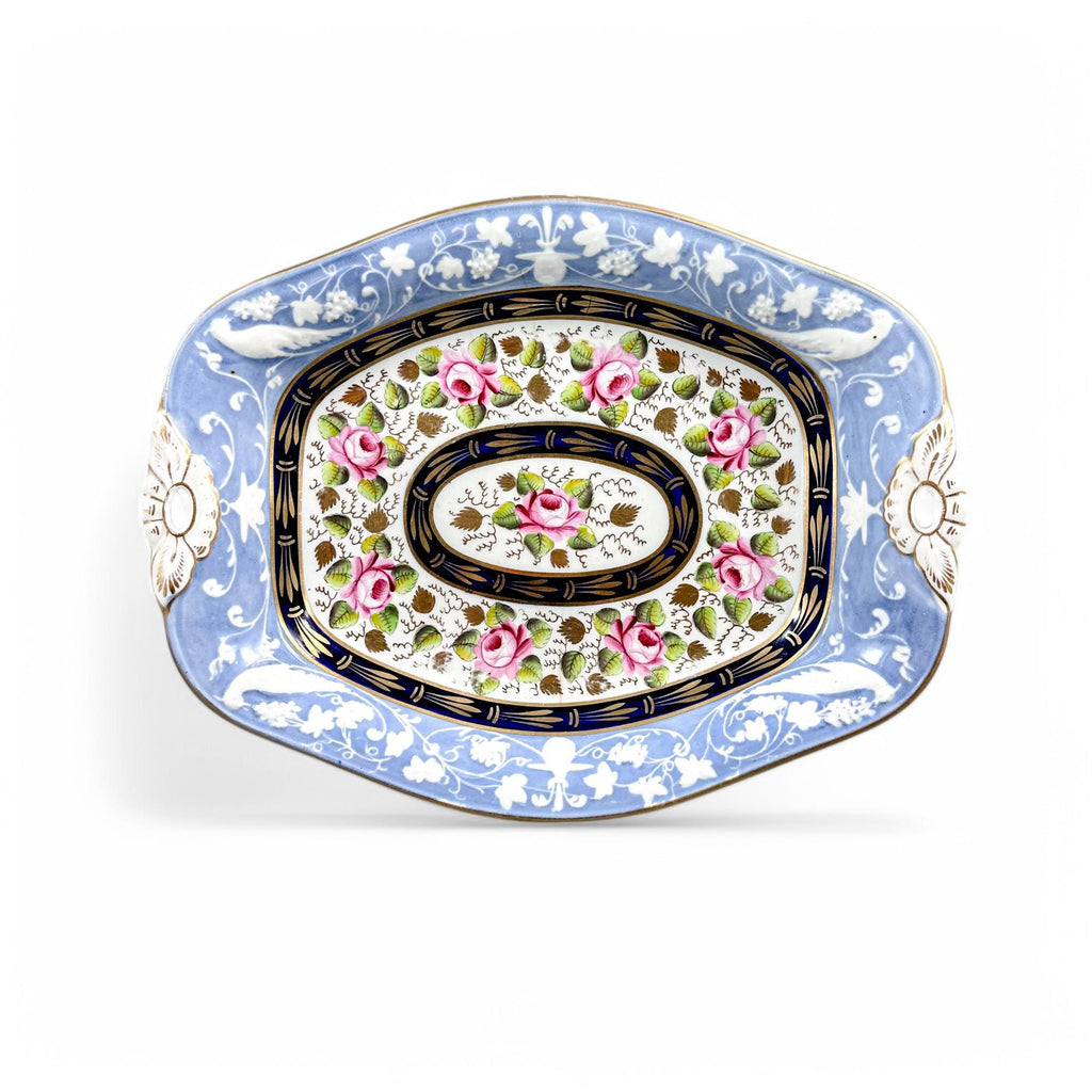 Rare New Hall Porcelain Dessert Set: Hand-Painted Roses, Resist Blue, Regency c. 1820