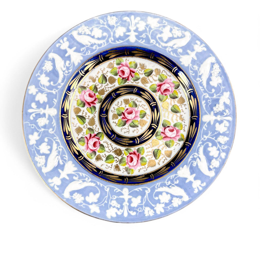 Rare New Hall Porcelain Dessert Set: Hand-Painted Roses, Resist Blue, Regency c. 1820