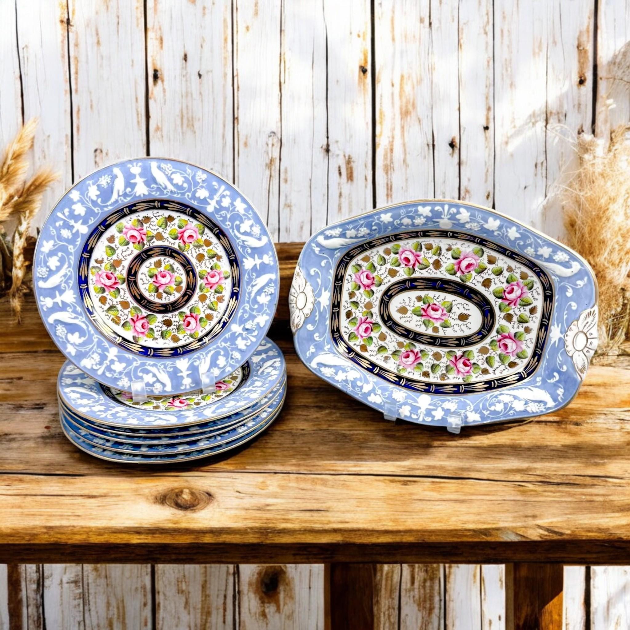 Rare New Hall Porcelain Dessert Set: Hand-Painted Roses, Resist Blue, Regency c. 1820