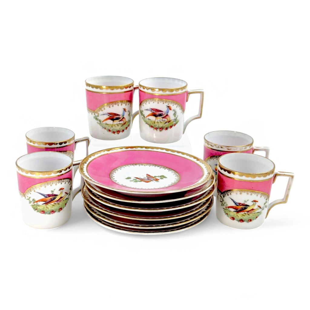 Victoria Austria Porcelain Coffee Set: Hand-Painted Grouse & Butterflies, Rose Pink, 1910s