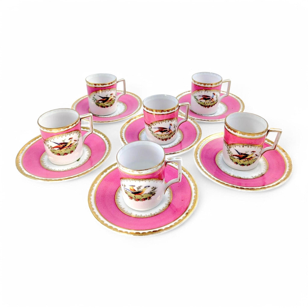 Victoria Austria Porcelain Coffee Set: Hand-Painted Grouse & Butterflies, Rose Pink, 1910s