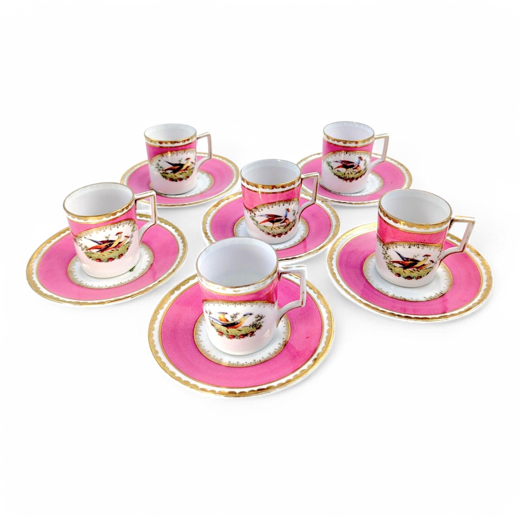 Victoria Austria Porcelain Coffee Set: Hand-Painted Grouse & Butterflies, Rose Pink, 1910s