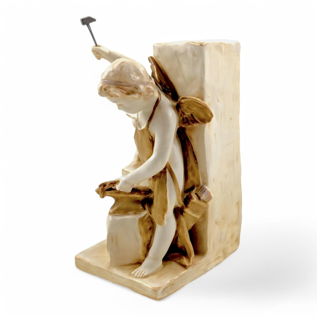 Antique Wahliss Teplitz Cupid Blacksmith Porcelain Figurine: Gilded Bohemian Art