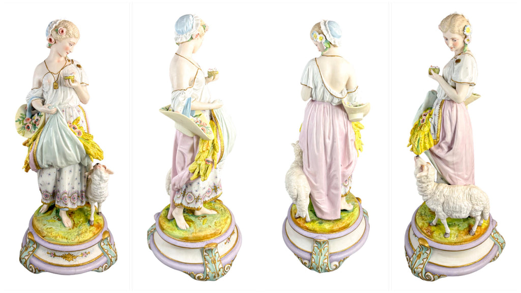 Rare huge Vion & Baury French bisque porcelain figures, Romantic pastoral "Shepherd and Shepherdess" Rococo sculptures, 60 cm, Paris c. 1870