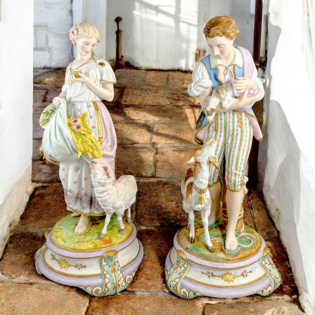 Rare huge Vion & Baury French bisque porcelain figures, Romantic pastoral "Shepherd and Shepherdess" Rococo sculptures, 60 cm, Paris c. 1870