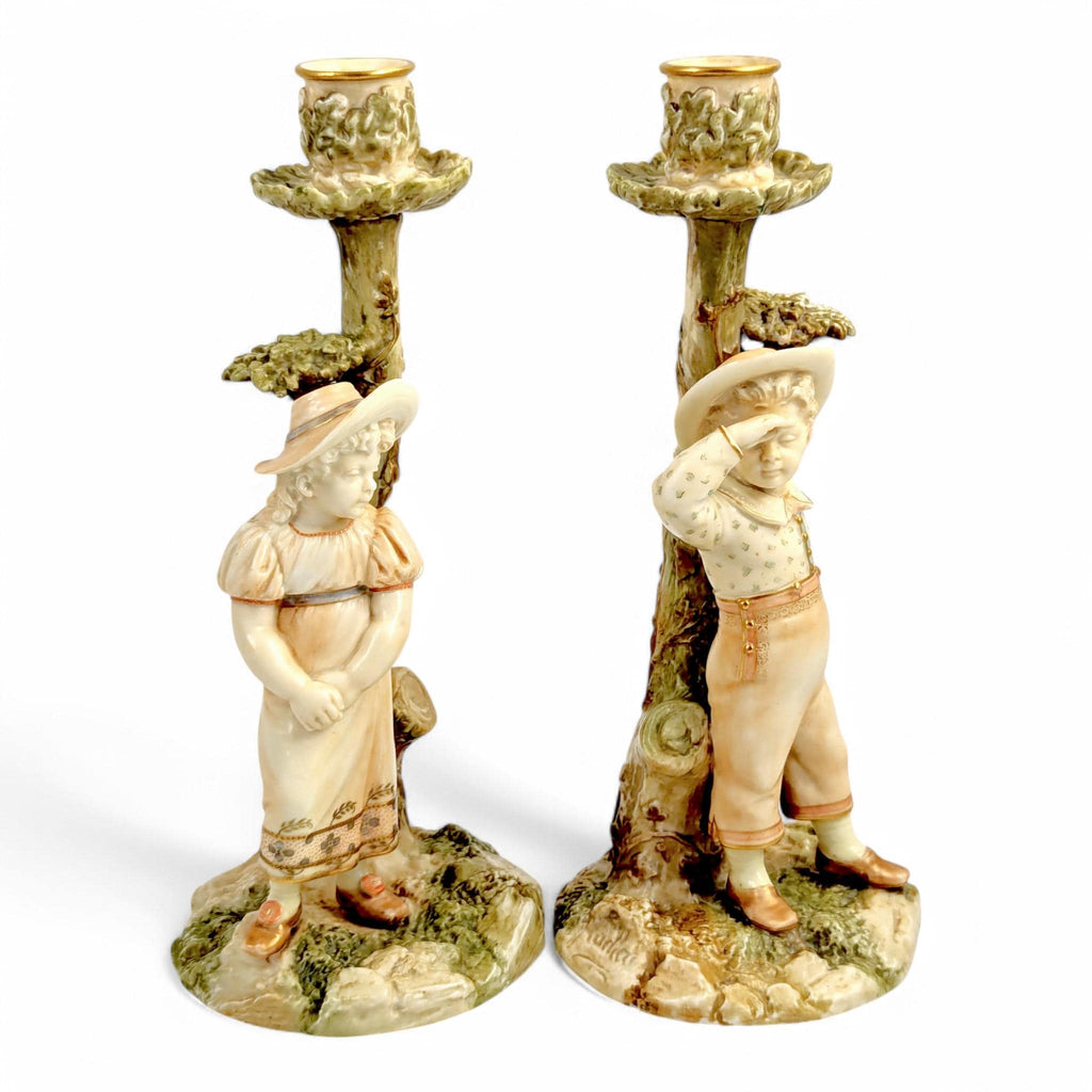 Antique Royal Worcester Porcelain Candlesticks: Boy & Girl Figurines, James Hadley, 1887