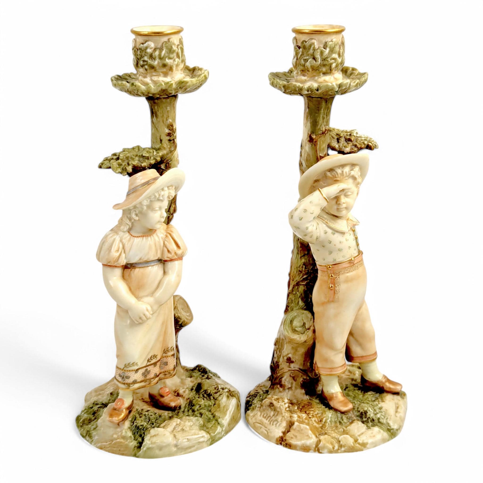 Antique Royal Worcester Porcelain Candlesticks: Boy & Girl Figurines, James Hadley, 1887