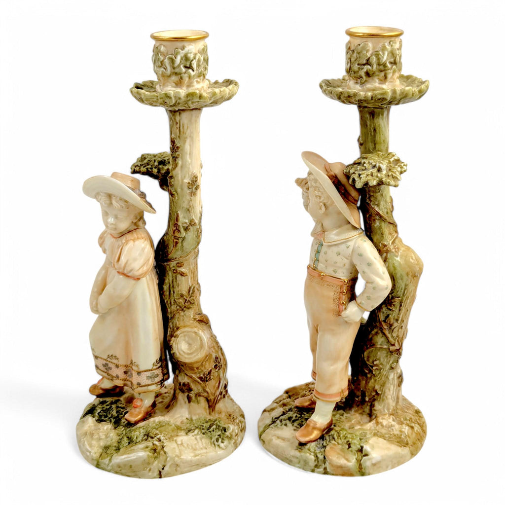 Antique Royal Worcester Porcelain Candlesticks: Boy & Girl Figurines, James Hadley, 1887
