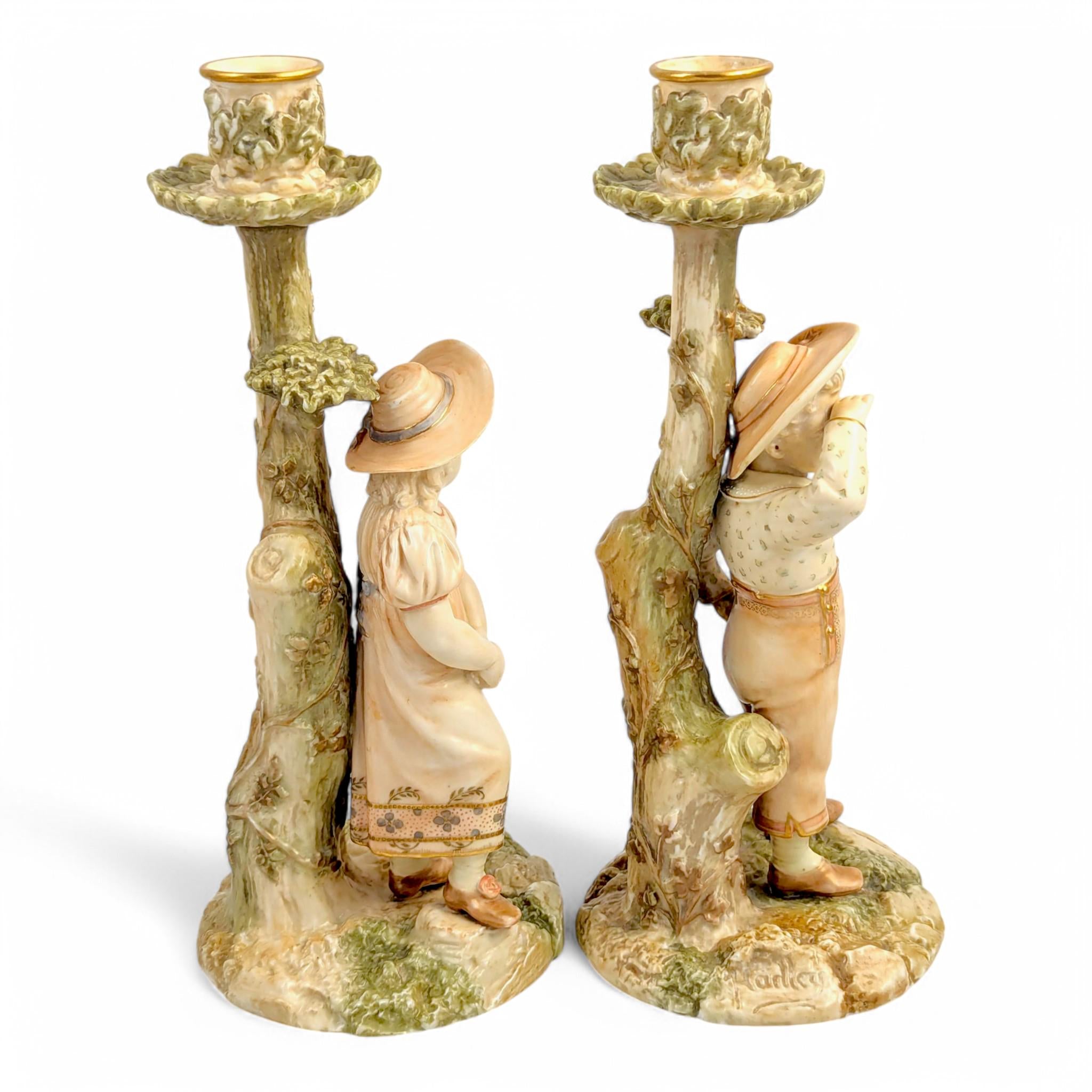 Antique Royal Worcester Porcelain Candlesticks: Boy & Girl Figurines, James Hadley, 1887
