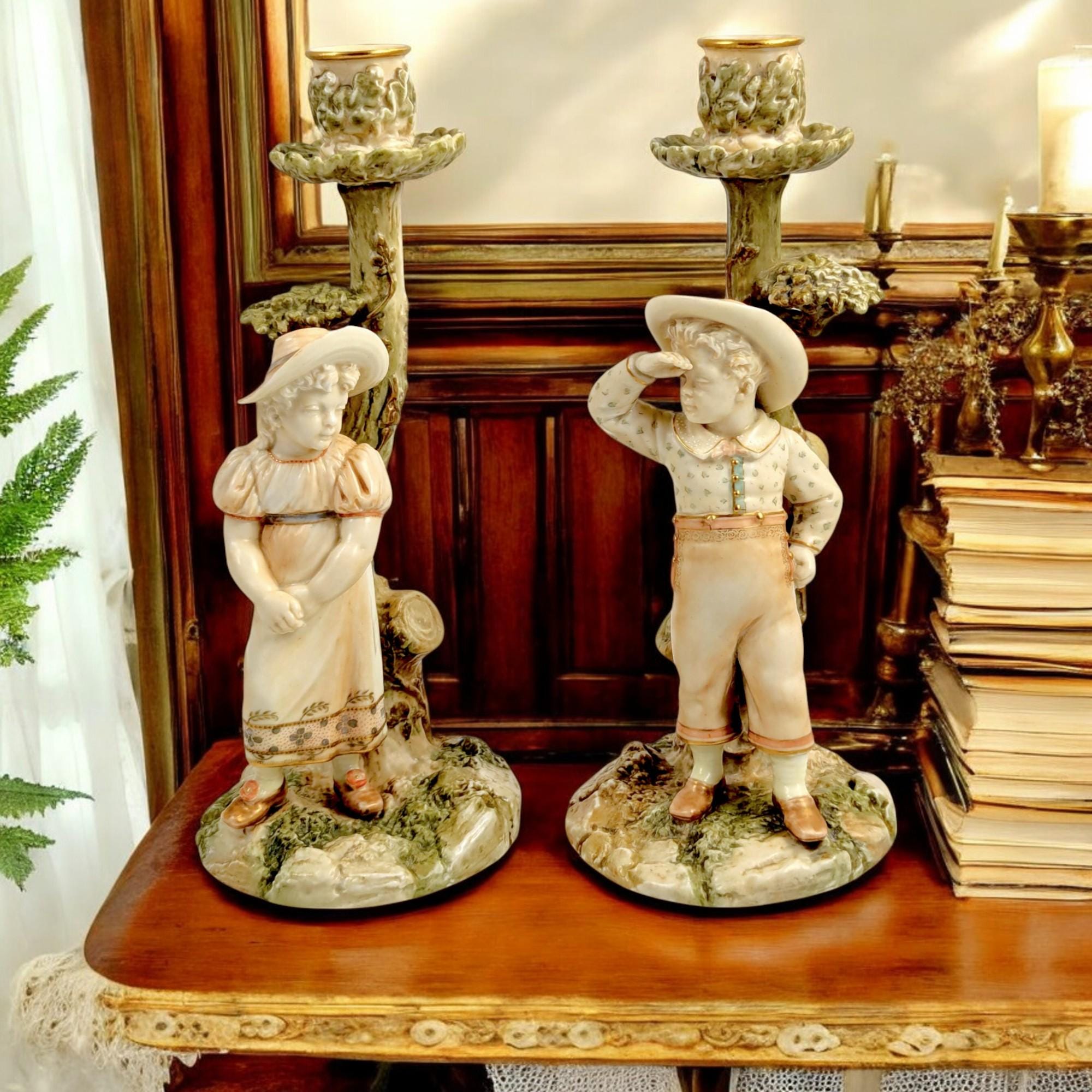 Antique Royal Worcester Porcelain Candlesticks: Boy & Girl Figurines, James Hadley, 1887
