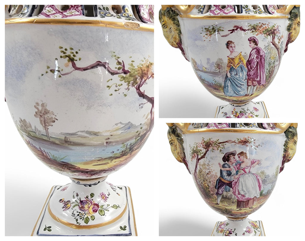 Rare Veuve Perrin Faience Urns: 18th Century French Pastoral Decor