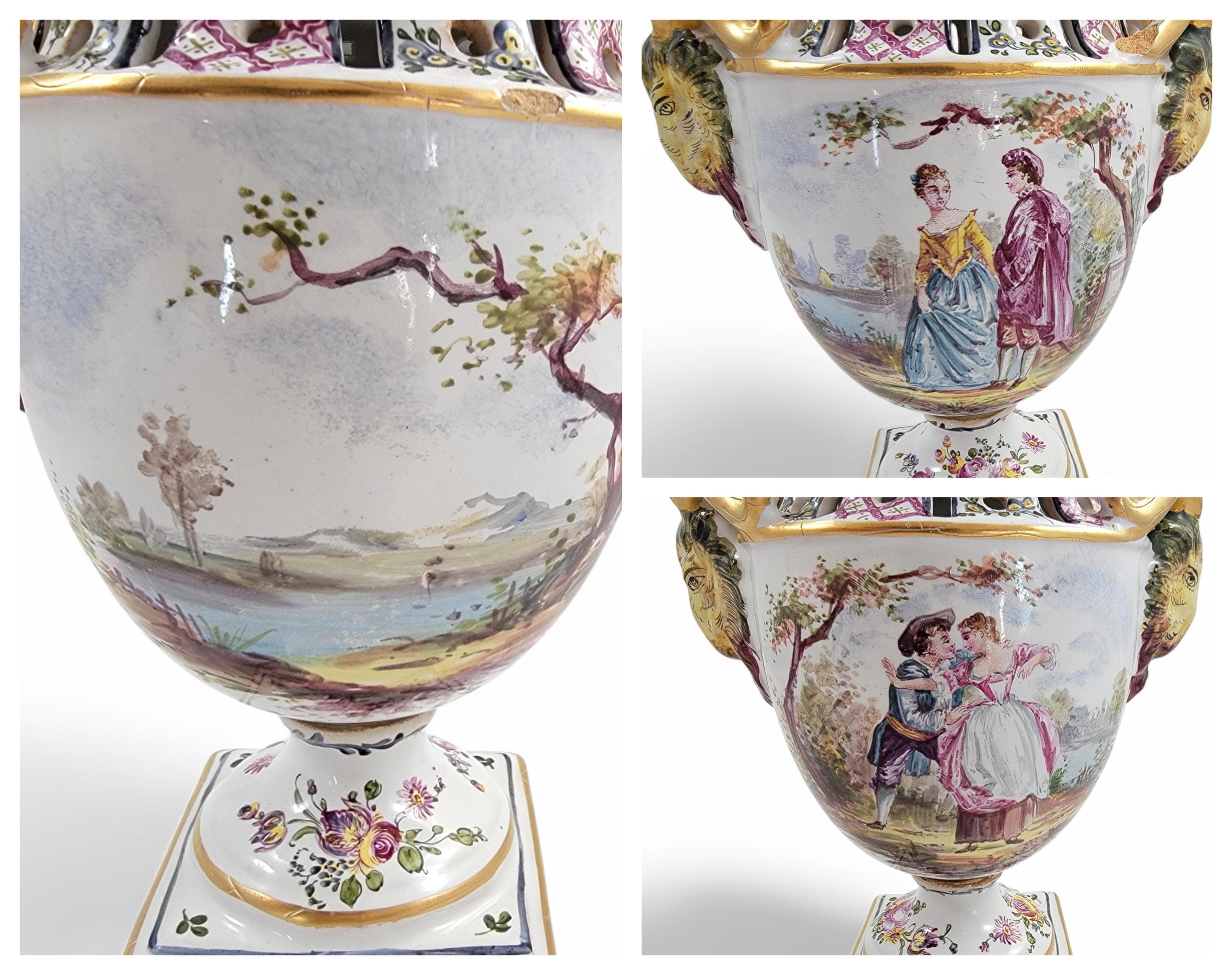 Rare Veuve Perrin Faience Urns: 18th Century French Pastoral Decor