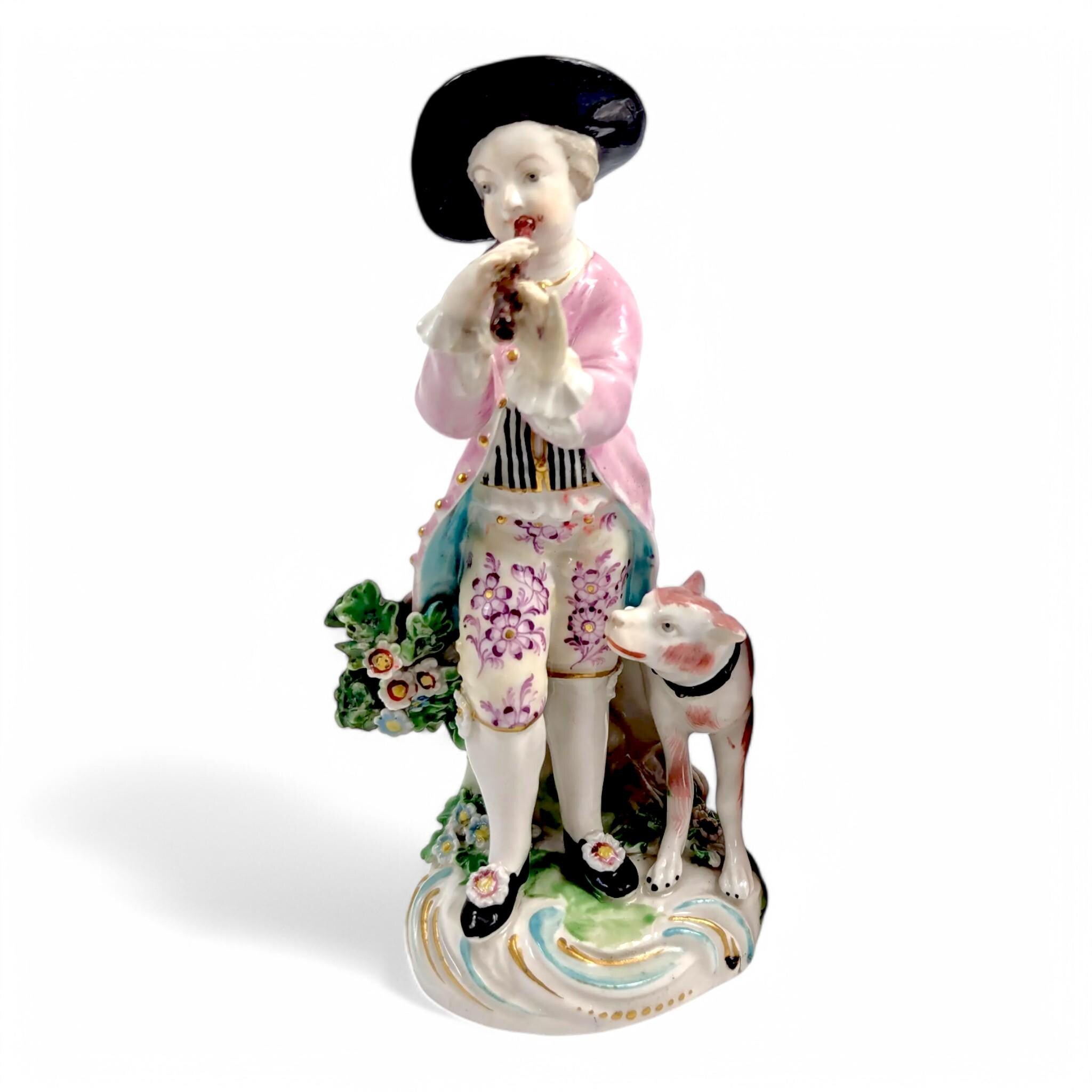 Antique Derby Porcelain Figurine: Hand-Painted Shepherd with Pipe, c. 1750s