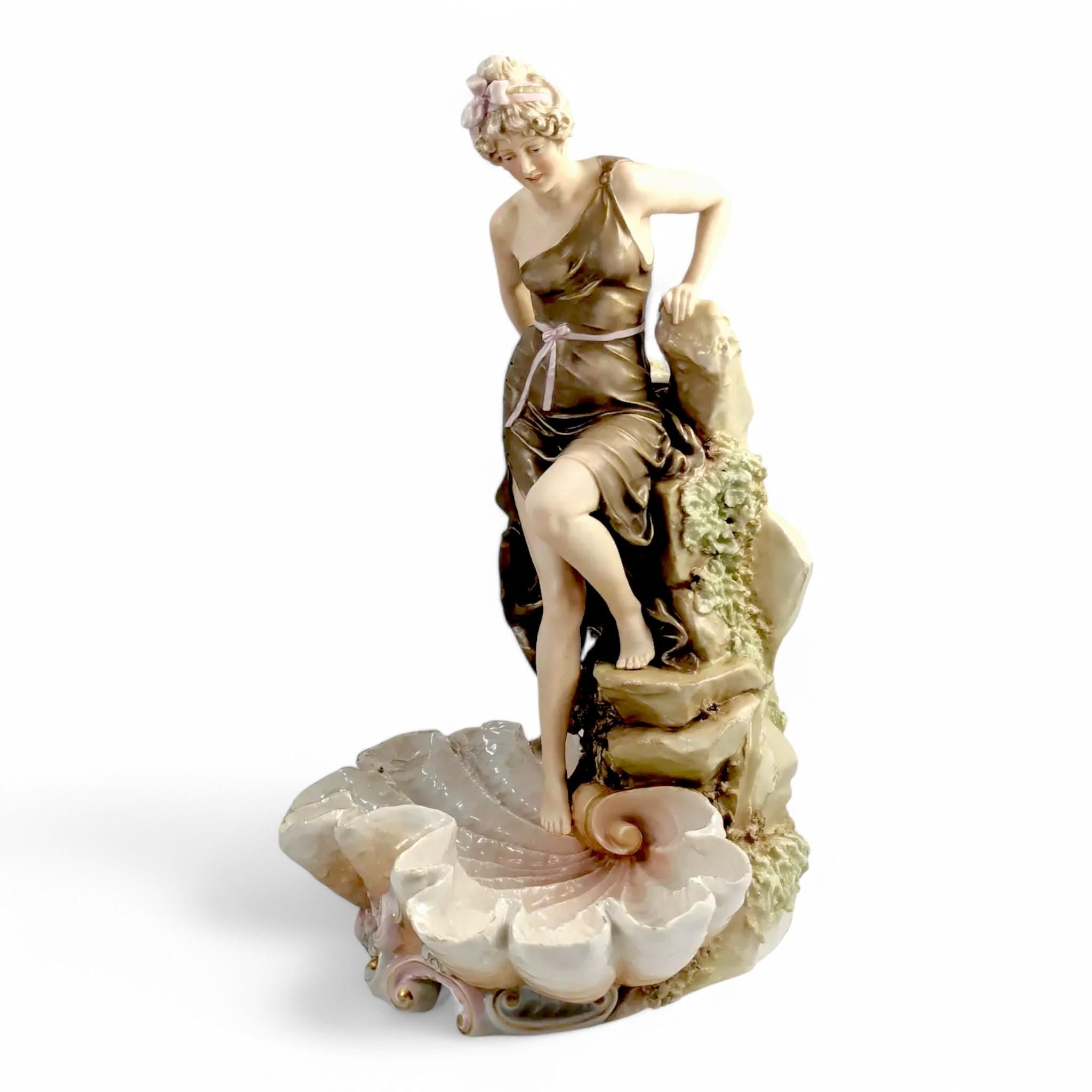Royal Dux Art Nouveau Porcelain Figurine: Female Bather Clam Shell Centerpiece