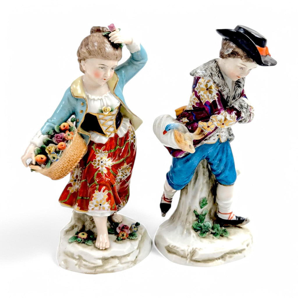 Samson porcelain "Seasons" antique figurines pair, Summer & Winter, Chelsea Anchor Mark, 19th century