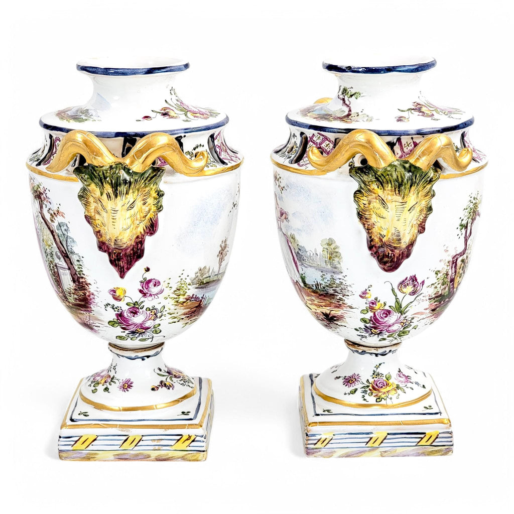 Rare Veuve Perrin Faience Urns: 18th Century French Pastoral Decor