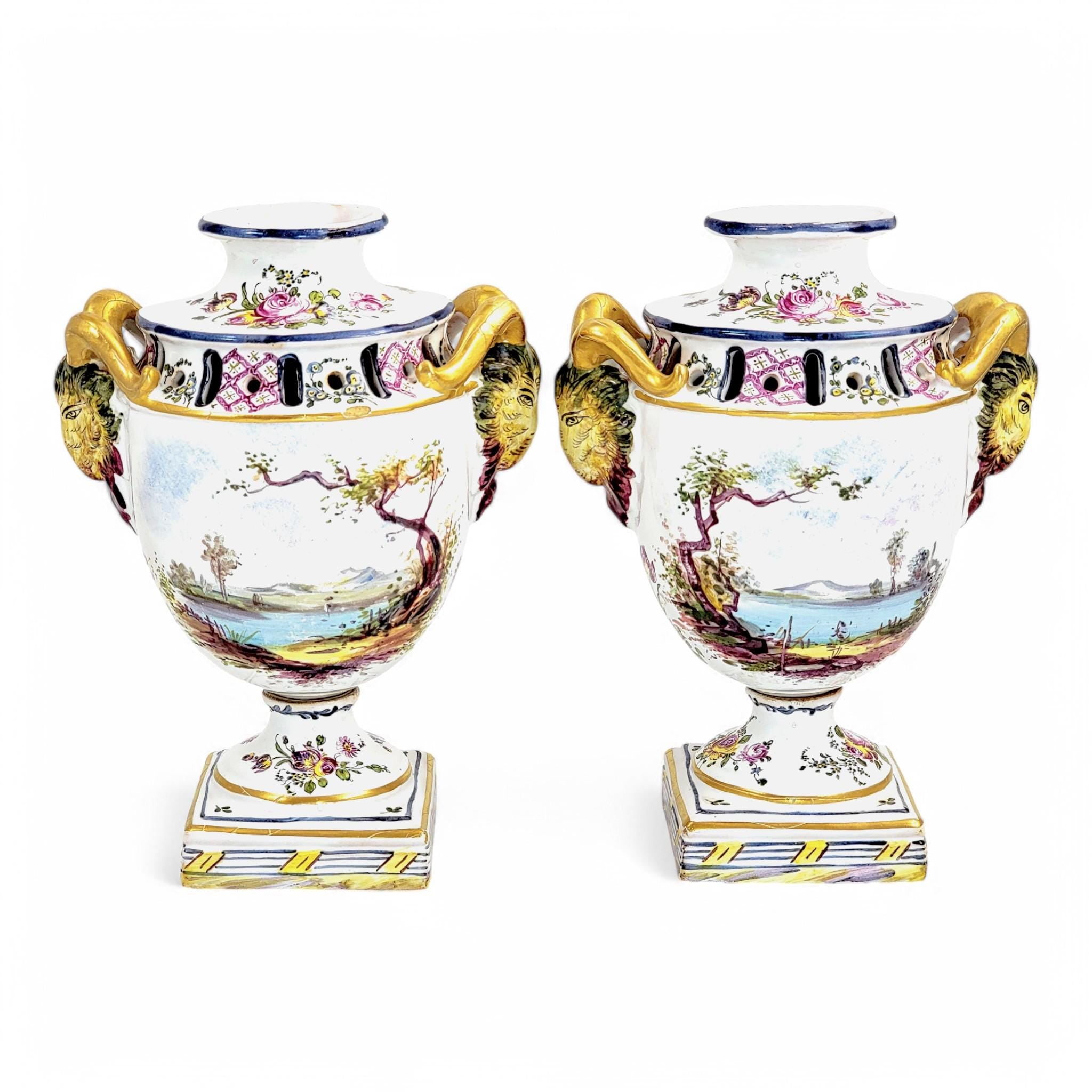 Rare Veuve Perrin Faience Urns: 18th Century French Pastoral Decor