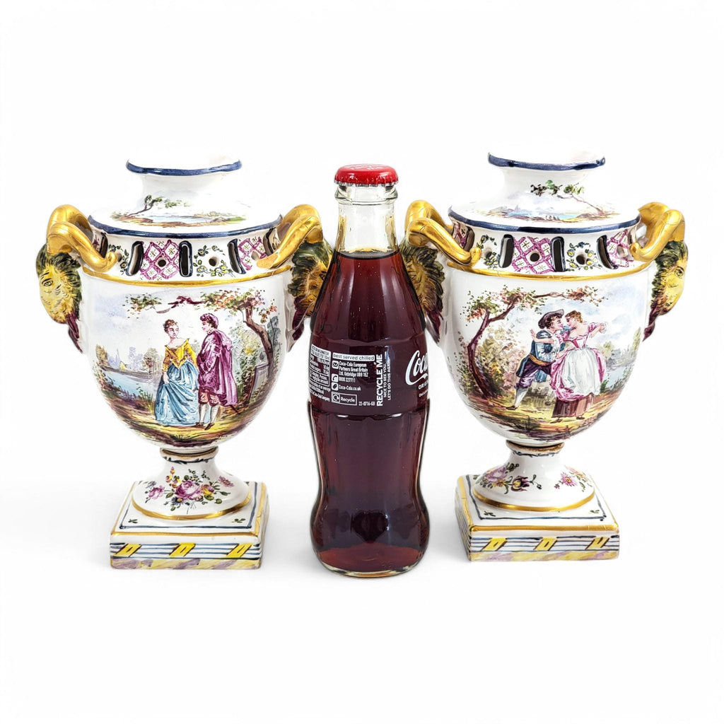 Rare Veuve Perrin Faience Urns: 18th Century French Pastoral Decor