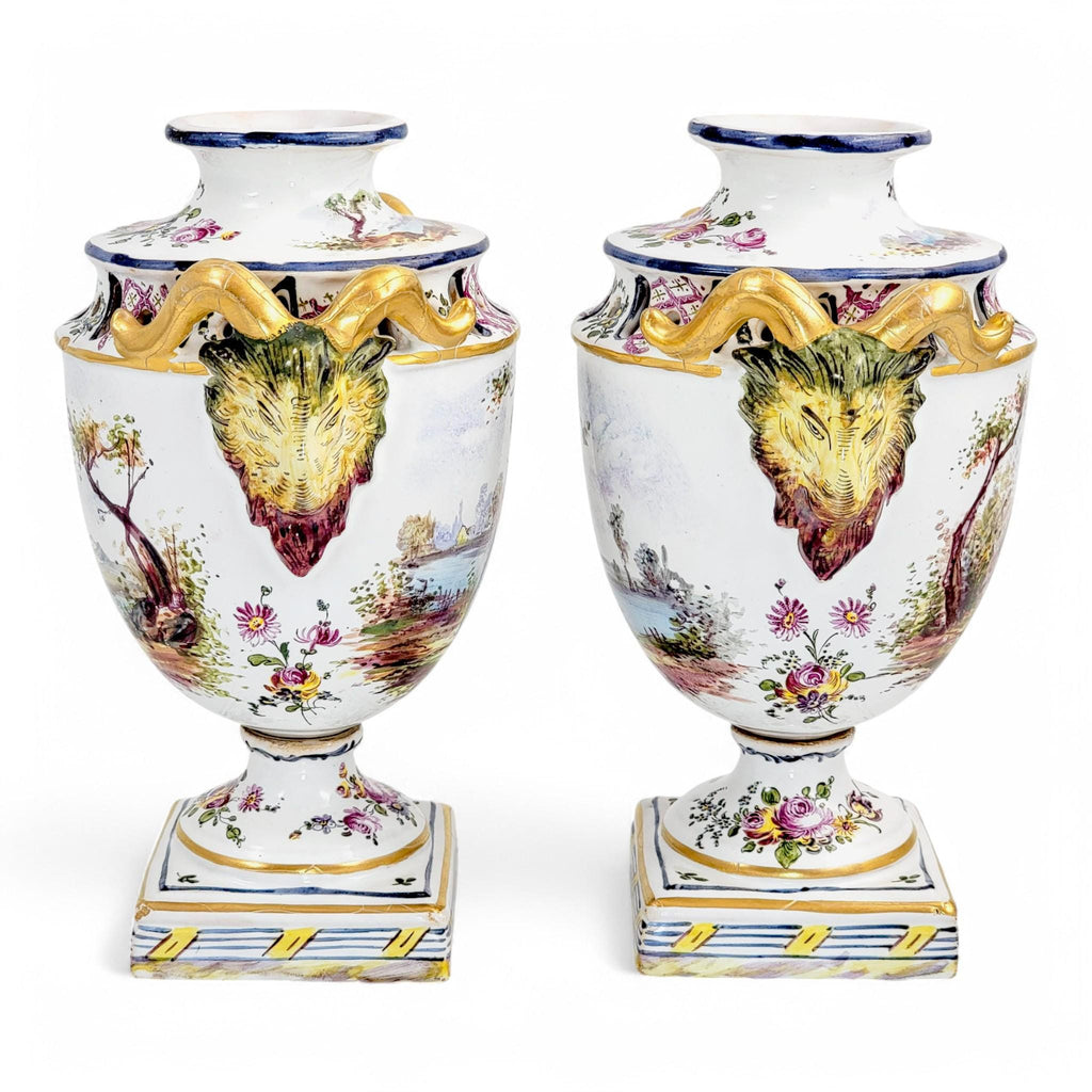 Rare Veuve Perrin Faience Urns: 18th Century French Pastoral Decor