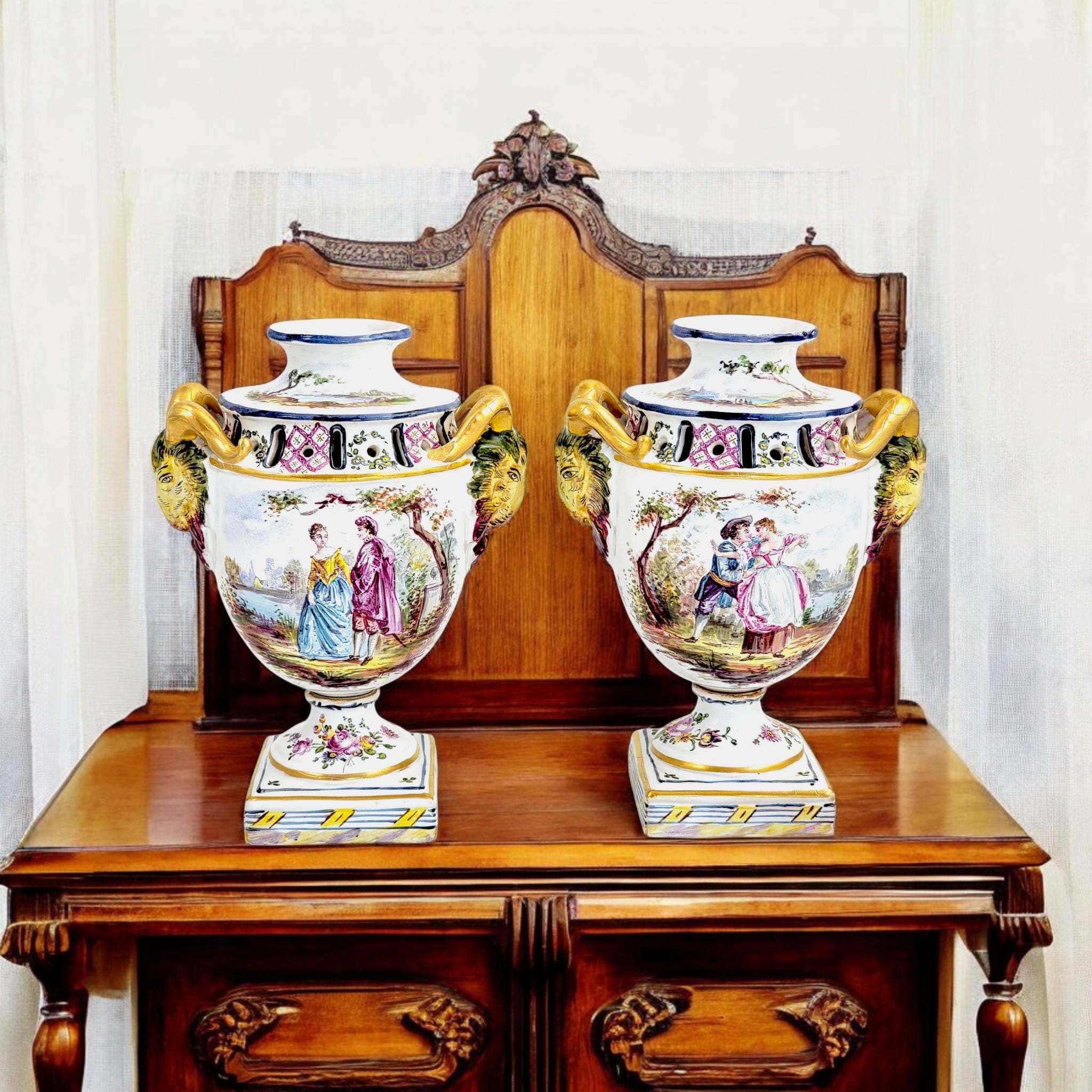 Rare Veuve Perrin Faience Urns: 18th Century French Pastoral Decor