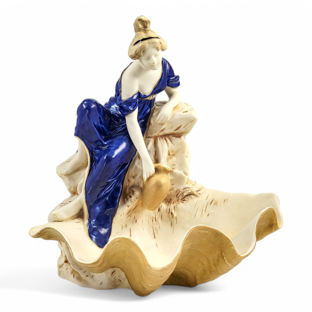 Royal Dux Bohemia Porcelain Centerpiece: Art Nouveau Water Bearer Clam Shell Bowl