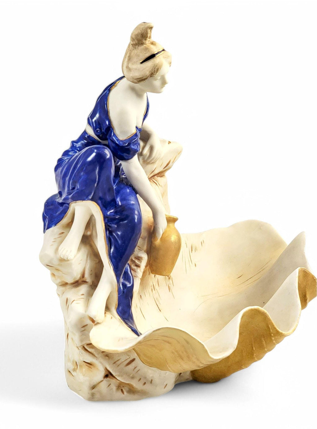 Royal Dux Bohemia Porcelain Centerpiece: Art Nouveau Water Bearer Clam Shell Bowl